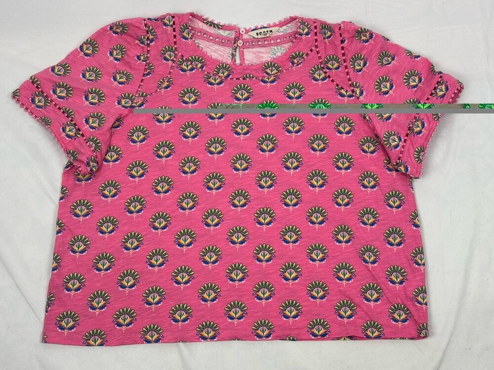 Boden Nessa Pink Floral Block Print Pom Pom Trim Blouse Top Women's Size 20-22